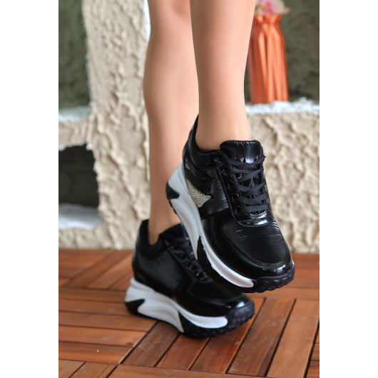 Black Leather Lace-Up Sneakers