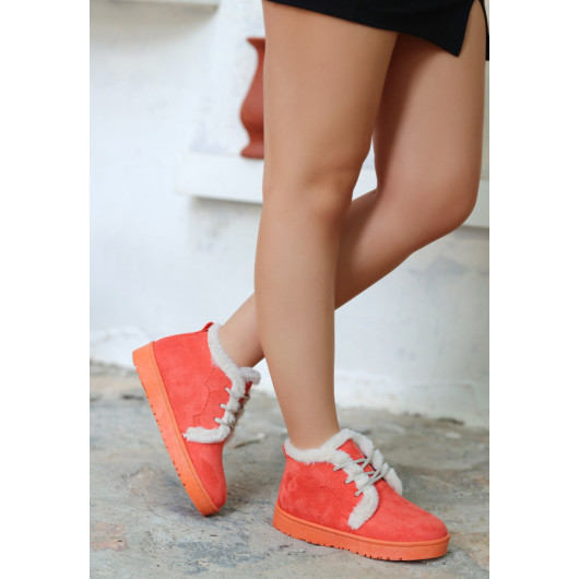 Orange Suede Lace-Up Boots