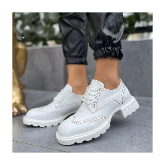 White Leather Lace-Up Oxford Shoes