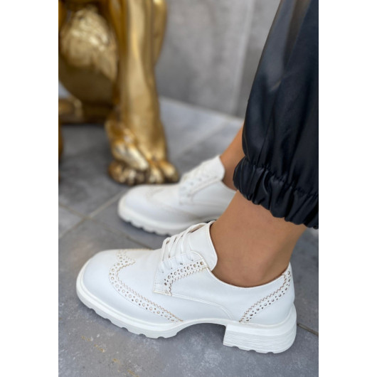 White Leather Lace-Up Oxford Shoes