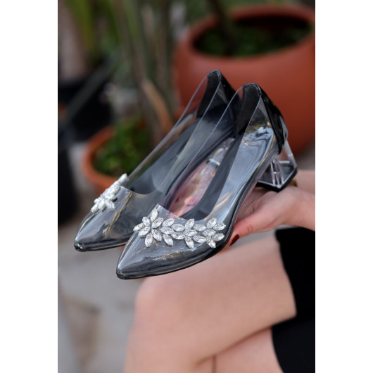 Black Skin Transparent Heel Shoes