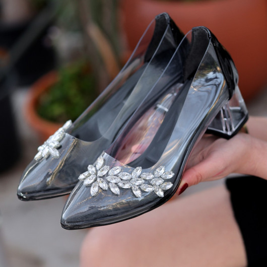 Black Skin Transparent Heel Shoes