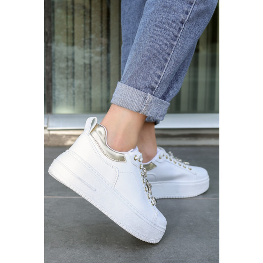 White Leather Stone Lace-Up Sports Shoes