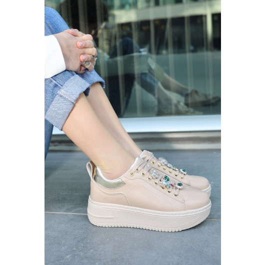Nude Skin Stone Lace Up Sports Shoes