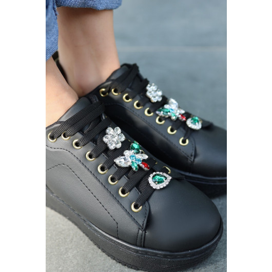 Black Leather Stone Lace-Up Sports Shoes