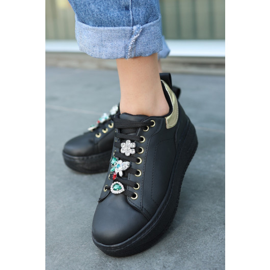 Black Leather Stone Lace-Up Sports Shoes