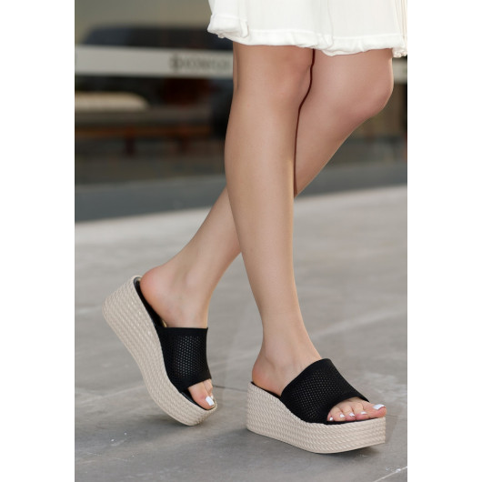 Black Knitted Wedge Heel Slippers