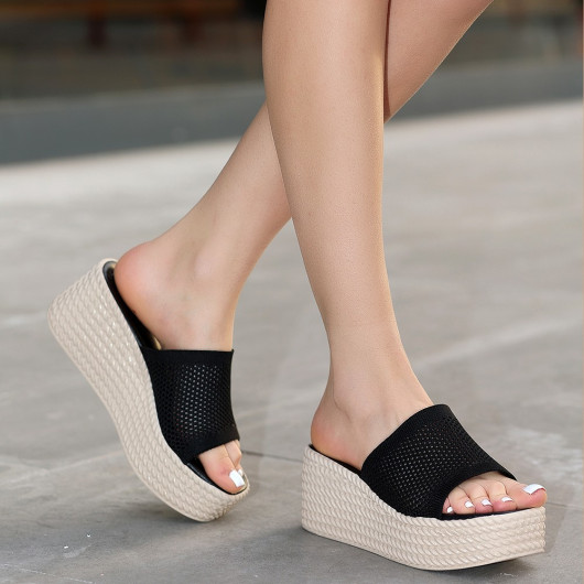 Black Knitted Wedge Heel Slippers