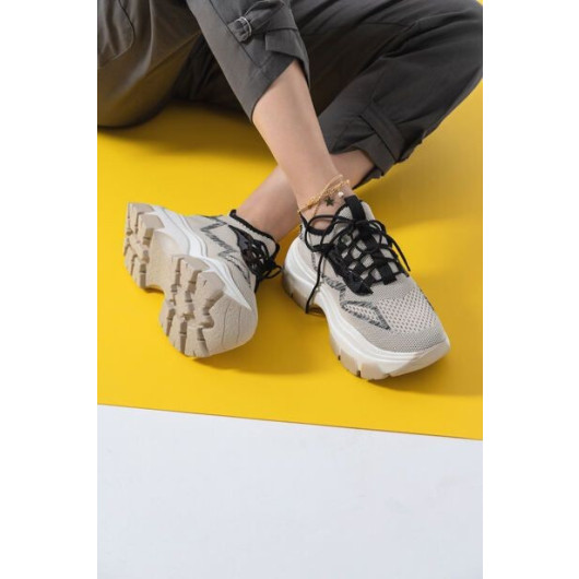 Beige Knit Lace-Up Sneakers