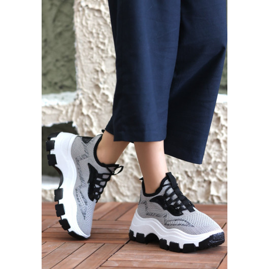 Grey Knit Lace-Up Sneakers