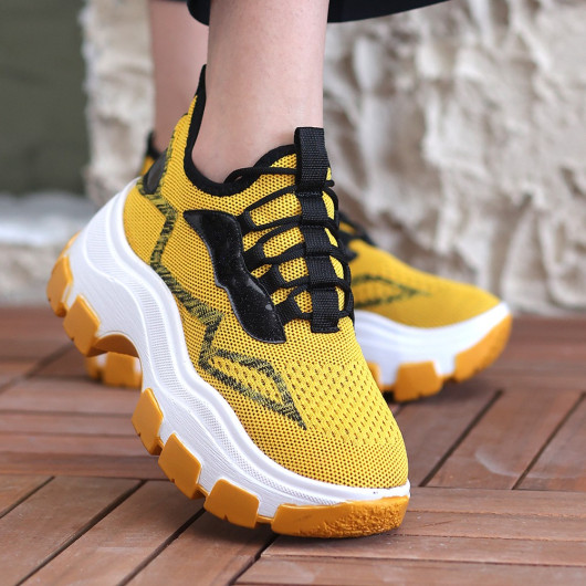 Mustard Knit Lace-Up Sneakers