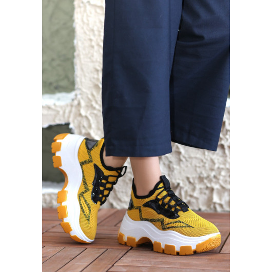 Mustard Knit Lace-Up Sneakers