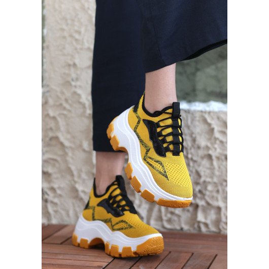 Mustard Knit Lace-Up Sneakers