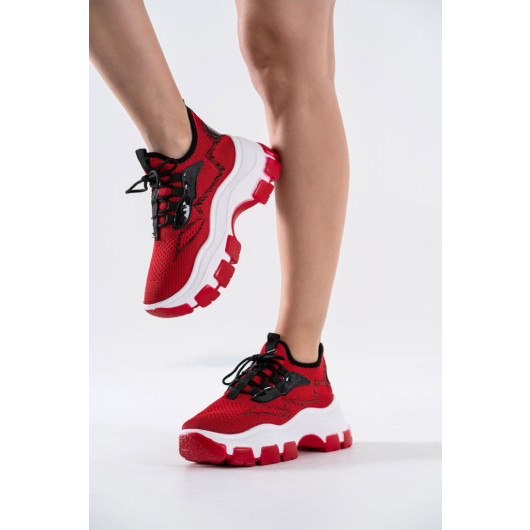 Red Knit Lace-Up Sneakers