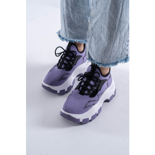 Lilac Knit Lace-Up Sneakers