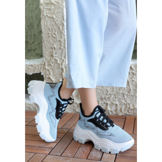 Blue Knit Lace-Up Sneakers