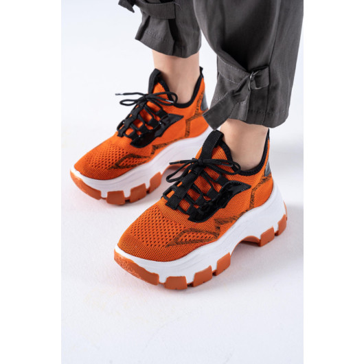 Orange Knit Lace-Up Sneakers