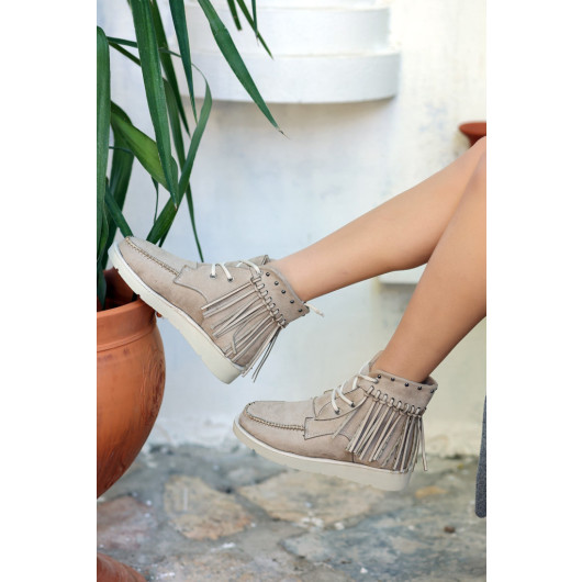 Beige Suede Lace-Up Boots