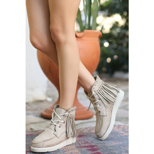 Beige Suede Lace-Up Boots