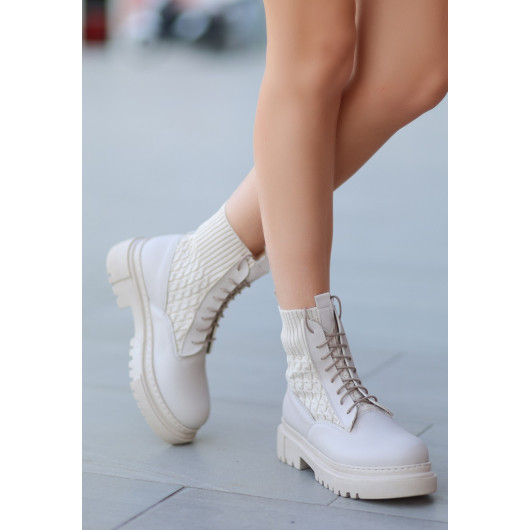 Beige Leather Lace-Up Boots