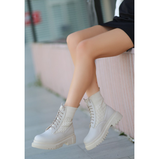 Beige Leather Lace-Up Boots