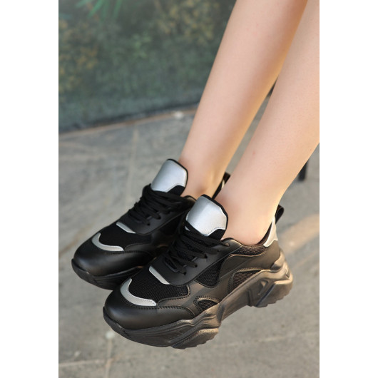 Black Leather Lace-Up Sneakers