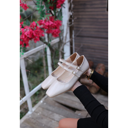 Beige Patent Leather Ballerina Shoes