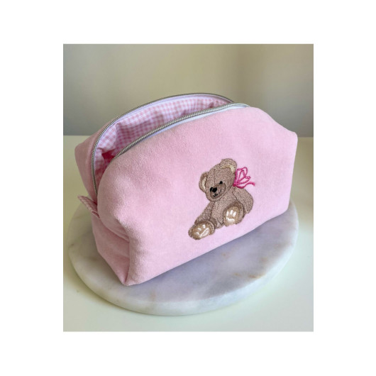 Teddy Bear And Bow Embroidered Make Up Bag Medium Size