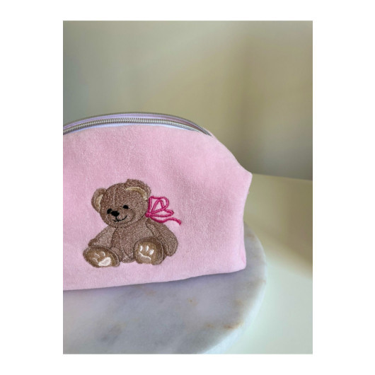 Teddy Bear And Bow Embroidered Make Up Bag Medium Size