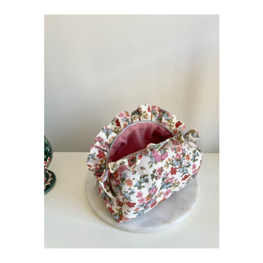 Frilled Dusty Rose Crisp Floral Makeup Bag Medium Size