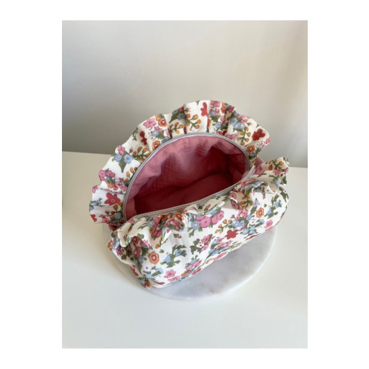 Frilled Dusty Rose Crisp Floral Makeup Bag Medium Size