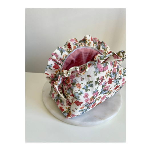 Frilled Dusty Rose Crisp Floral Makeup Bag Medium Size