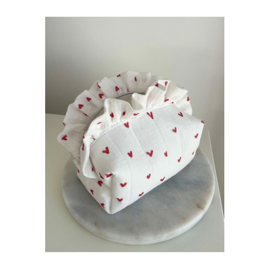 Frilled Heart Patterned Make Up Bag Medium Size