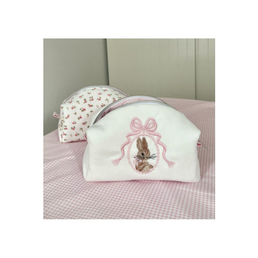 Bow Rabbit Embroidery Patterned Makeup Bag Medium Size