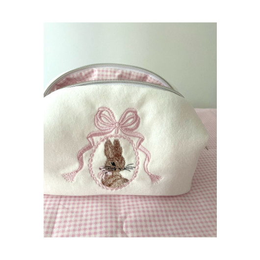 Bow Rabbit Embroidery Patterned Makeup Bag Medium Size