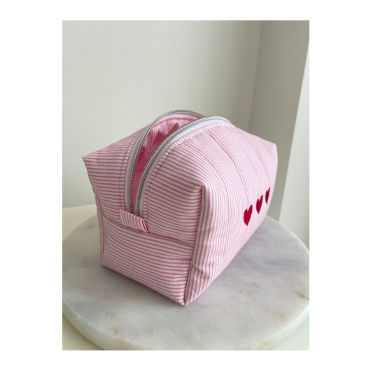 Heart Embroidered Pink Striped Make Up Bag Medium Size