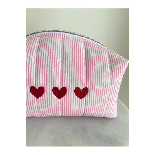 Heart Embroidered Pink Striped Make Up Bag Medium Size