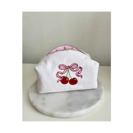 Cherry Embroidered Make Up Bag Medium Size