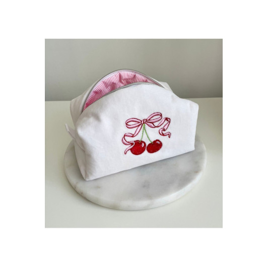 Cherry Embroidered Make Up Bag Medium Size