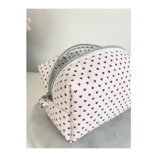 Red Heart Patterned Make Up Bag Medium Size