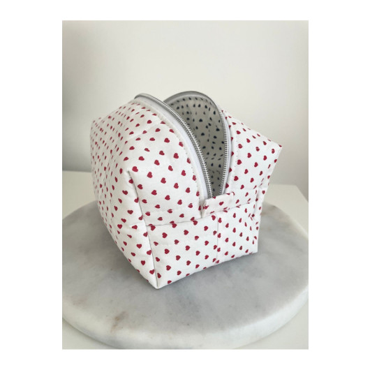 Red Heart Patterned Make Up Bag Medium Size