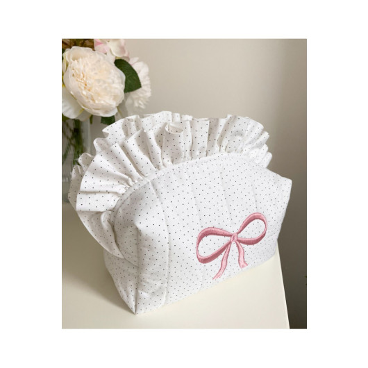 Pink Bow Embroidered And Ruffled Makeup Bag