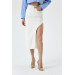 Asymmetrical Slit Detailed Ecru Midi Denim Skirt