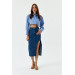 Asymmetrical Slit Detailed Dark Blue Midi Denim Skirt
