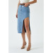 Asymmetrical Slit Detailed Blue Midi Denim Skirt
