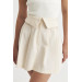 Waist Detailed Gabardine Beige Mini Skirt