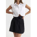 Waist Detailed Gabardine Black Mini Skirt