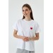 Crew Neck White Women's T-Shirt With Heart Embroidery