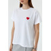 Crew Neck White Women's T-Shirt With Heart Embroidery