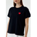 Crew Neck Black Women's T-Shirt With Heart Embroidery